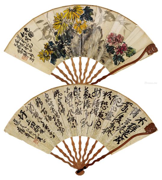 * 己酉（1909）年作 老圃秋容 行书 成扇 设色纸本