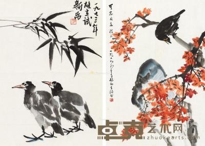  1973年作、1979年作 花鸟 （两帧） 镜片 设色纸本 陈47×35cm；王67×46cm