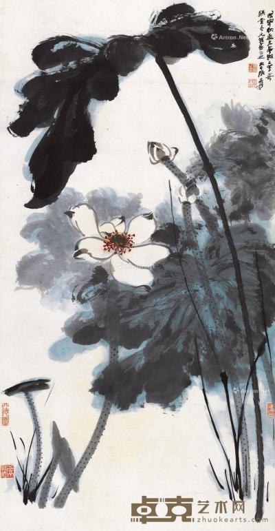 * 戊申（1968）年作 荷花 镜片 设色纸本 136×68cm