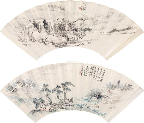  1929年作 烟江叠嶂 湖乡小景 扇面 设色纸本