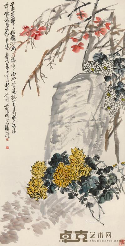  庚辰（1940）年作 秋艳图 立轴 设色纸本 138×69cm