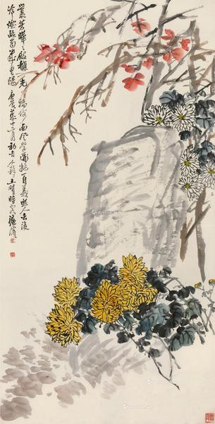  庚辰（1940）年作 秋艳图 立轴 设色纸本