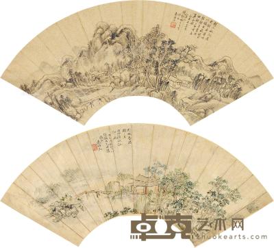  己未（1859）年作；丁巳（1857）年作 溪山图 秋夜图 （两件） 扇轴 设色笺本 18×51cm×2
