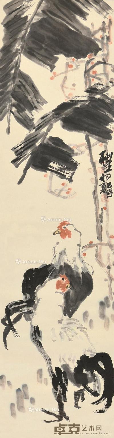 己酉(1969)年作 芭蕉双吉 立轴 设色纸本 132×34.5cm
