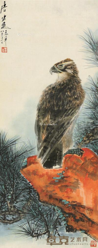  1972年作 松鹰图 立轴 设色绢本 93.5×36cm