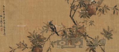  乙亥（1899）年作 石榴雀鸟图 横批 设色绢本 35×80cm