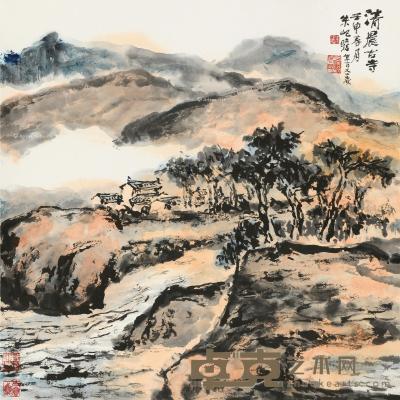  壬申（1992）年作 清晨古寺 立轴 设色纸本 68×68cm