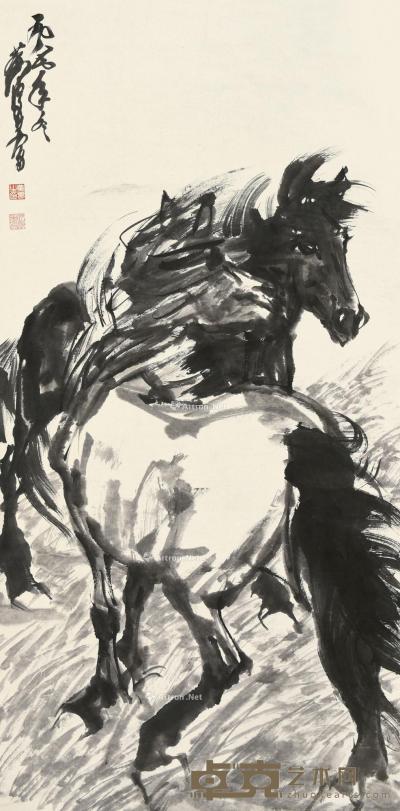  乙丑（1985）年作 双骏图 立轴 水墨纸本 138×68cm