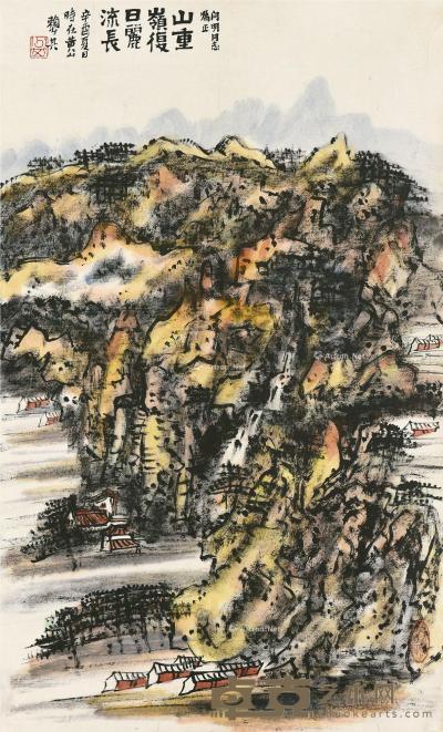  辛酉（1981）年作 山重领复 镜框 设色纸本 84×50cm