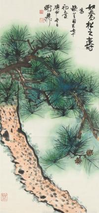  庚申（1980）年作 苍松之寿 镜框 设色纸本