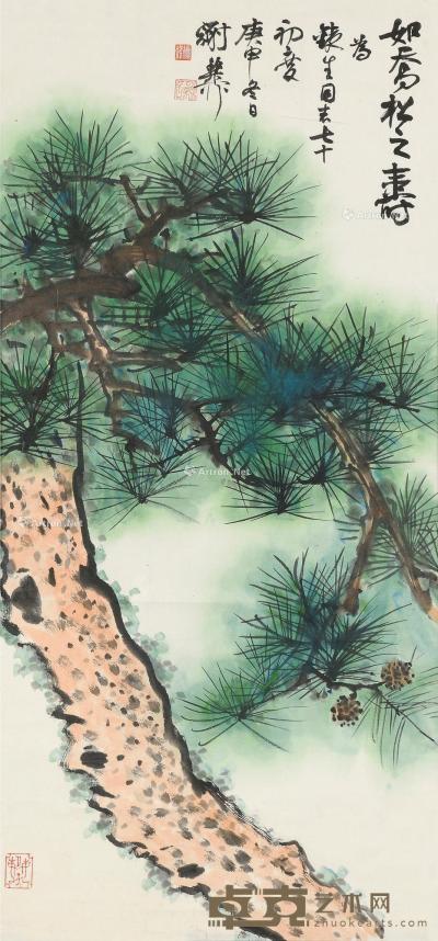  庚申（1980）年作 苍松之寿 镜框 设色纸本 96×45cm