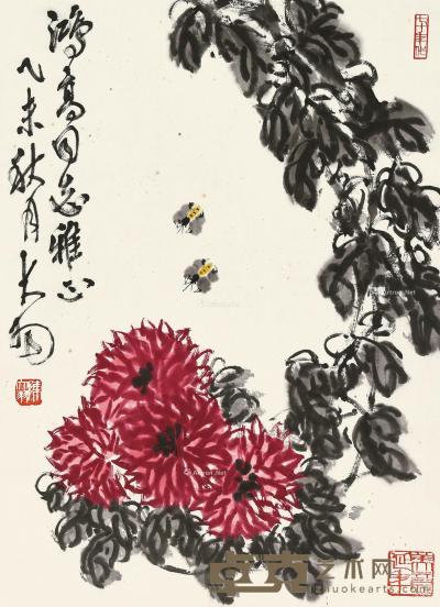 乙未（1955）年作 蜂菊图 立轴 设色纸本 68×49cm