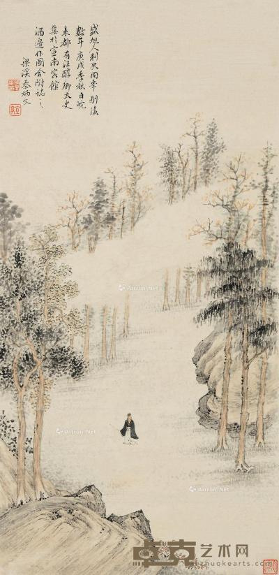  庚戌（1850）年作 策杖秋游 立轴 设色纸本 60×29cm