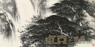  己巳（1989）年作 飞瀑松峰图 镜片 水墨纸本 68×136cm