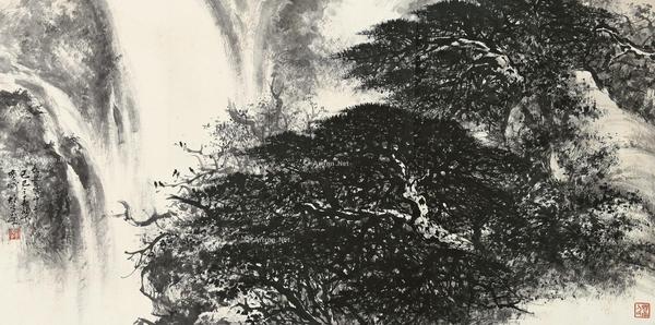  己巳（1989）年作 飞瀑松峰图 镜片 水墨纸本