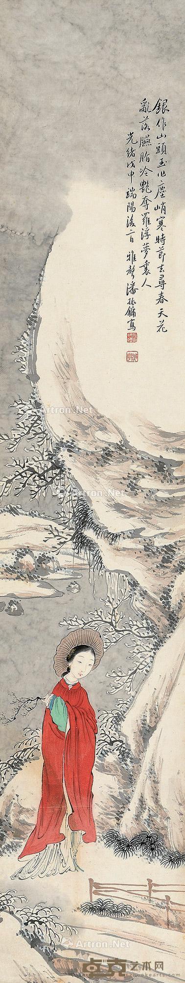  戊申（1908）年作 踏雪仕女 立轴 设色纸本 106×20cm