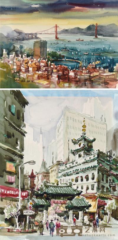 金门大桥 中国城 （二幅） 水彩画 设色纸本 35.5×28cm×2