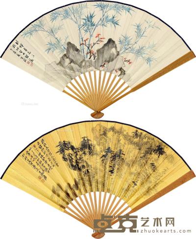  丁亥（1947）年作 游山图 竹石图 金笺 成扇 设色纸本 18.5×50cm