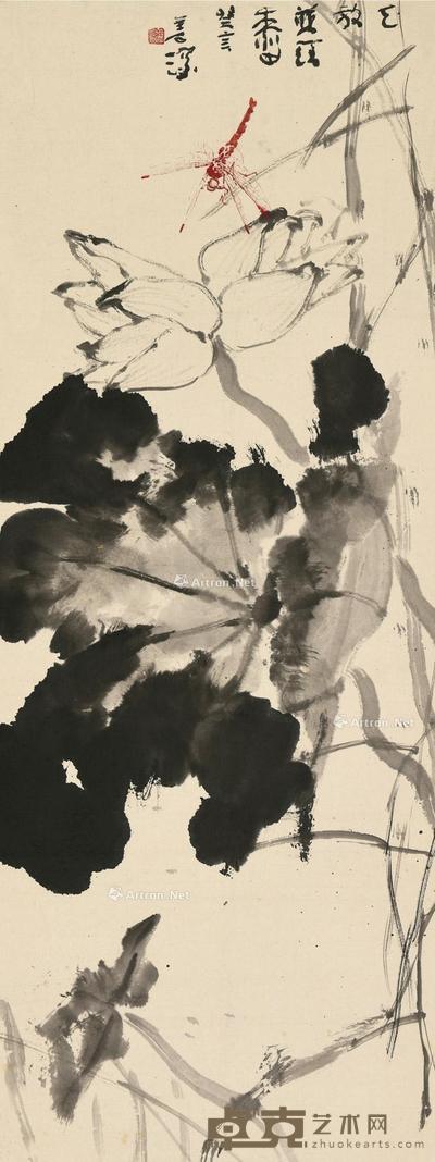 癸亥(1983)年作 荷花蜻蜓 立轴 设色纸本 96×36cm