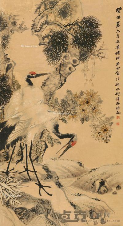  癸丑（1913）年作 松鹤长寿 立轴 设色纸本 143×78cm