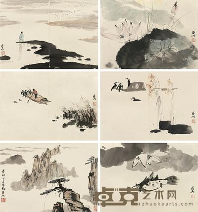 山水人物 册页 (六开) 设色纸本 30×42cm×6