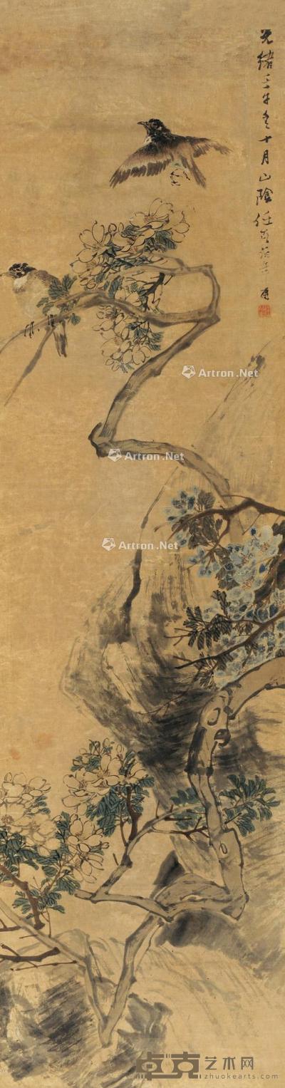  壬午（1882）年作 春涧禽鸣 立轴 设色纸本 144×38cm