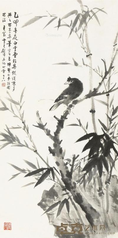  乙卯（1975）年作 竹禽图 立轴 水墨纸本 120×60cm