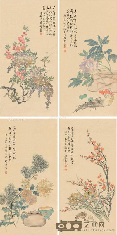  戊申（1908）年作 四时清韵 （四幅） 屏轴 设色纸本 67×32cm×4