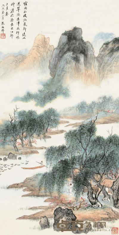  丙戌（1946）年作 江村二月 立轴 设色纸本 66×33cm