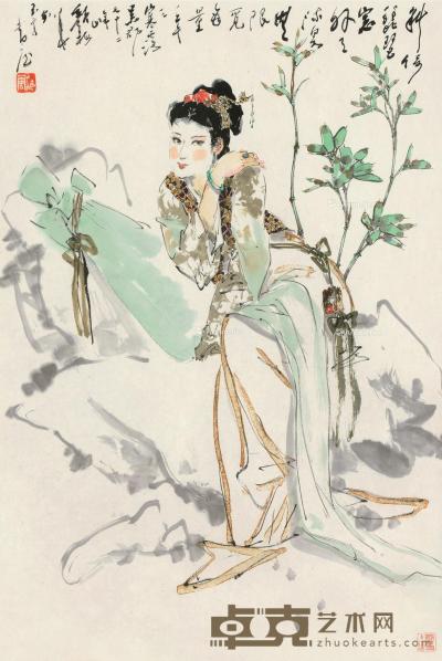  壬午（2002）年作 琵琶仕女 镜框 设色纸本 67.5×45cm