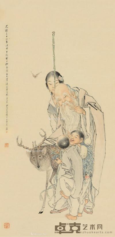  戊申（1908）年作 福寿延年 立轴 设色纸本 134×65cm