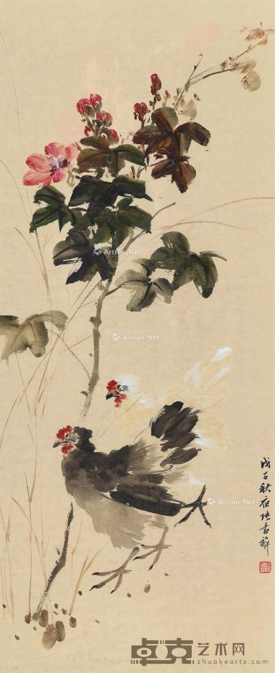  戊子（1948）年作 大吉图 镜框 设色纸本 104×41cm