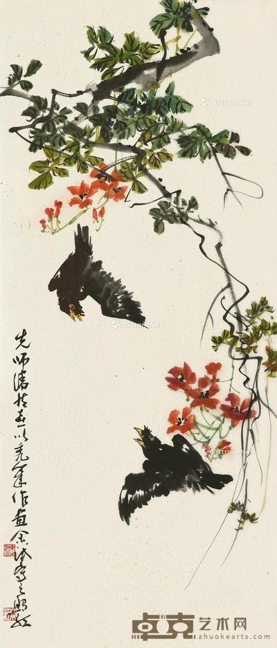 凌霄八哥 镜框 设色纸本 69×29.5cm