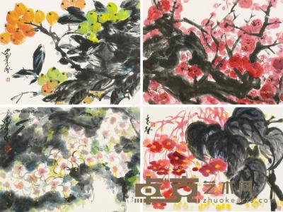  戊寅（1998）年作 丙子（1996）年作 四时花卉 镜片 （二十开选四） 设色纸本 32×43cm×20