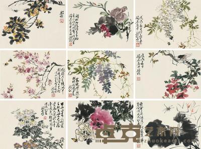 花卉草虫册页 (四幅) 镜框 (十二开选九开) 设色纸本 17×25cm×12