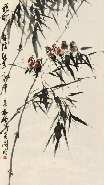 庚申（1980）年作 竹林小鸟 镜片 设色纸本