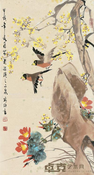  甲戌（1994）年作 双禽图 镜片 设色纸本 76×41cm