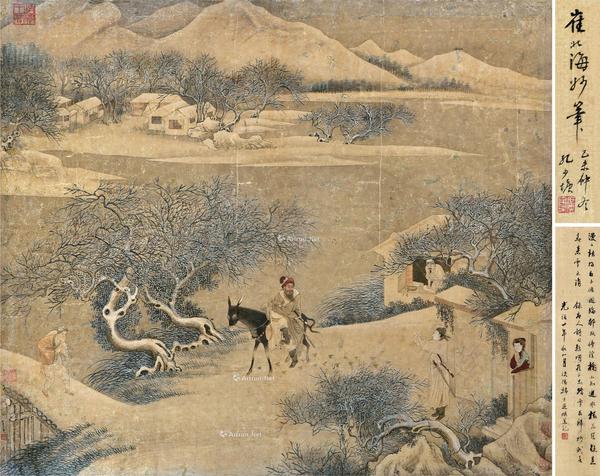  踏雪归友 镜框 设色纸本