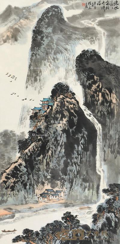  辛酉（1981）年作 急水轻舟 立轴 设色纸本 128.5×63cm