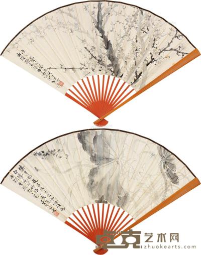  丁亥（1947）年作 夏荷 冬梅 成扇 水墨纸本 19×48cm