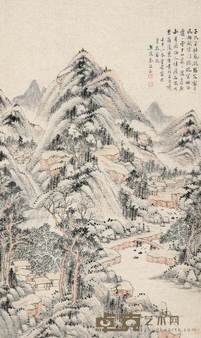  壬申（1872）年作 溪边草庐 立轴 设色纸本 109×65cm