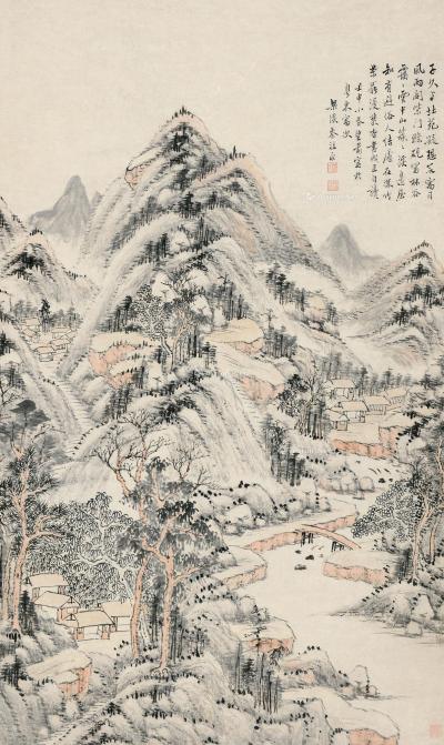  壬申（1872）年作 溪边草庐 立轴 设色纸本