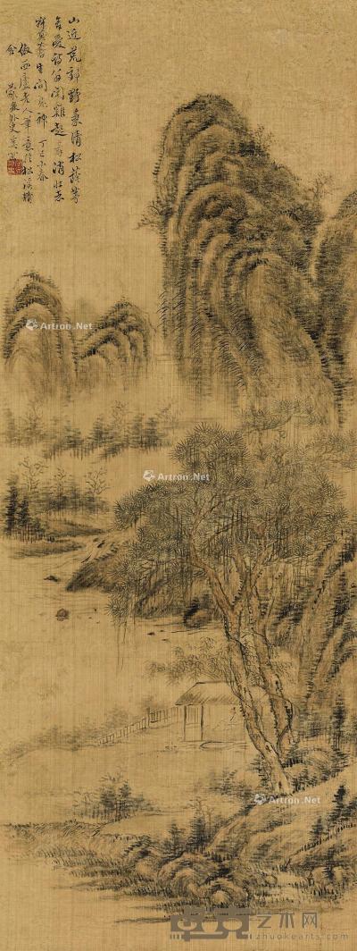  丁巳（1797）年作 松荫读诗 镜片 设色绢本 85.5×32cm
