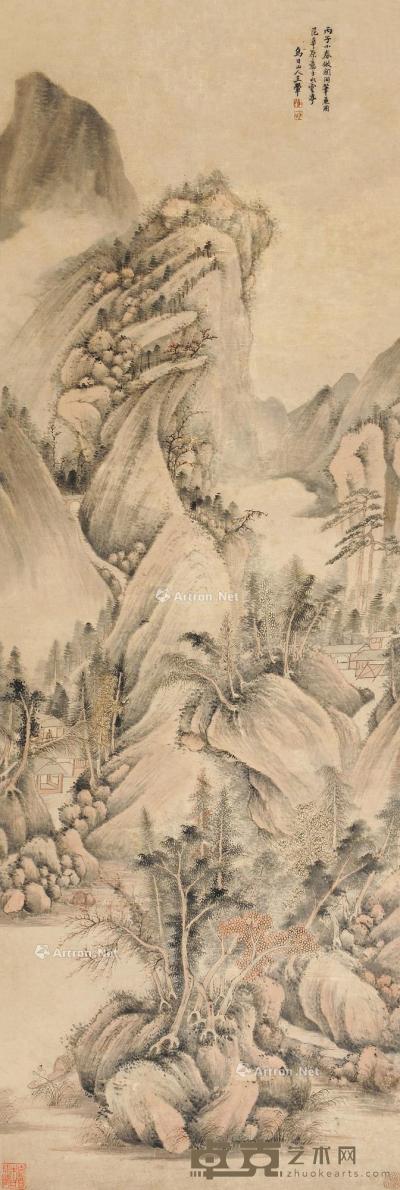  丙子（1696）年作 山居幽游 立轴 设色纸本 129×43cm