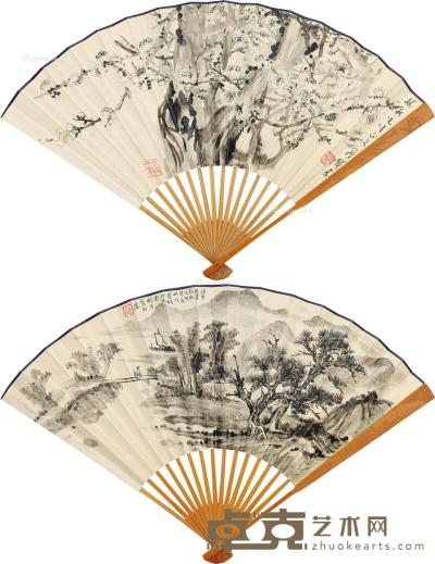  庚子（1960）年作 桐江帆影 寒梅 成扇 水墨纸本 18.5×48.5cm