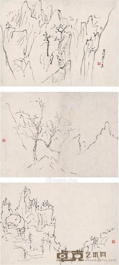  蓬莱三岛画稿 （三帧） 镜片 水墨纸本 37×26.5cm×3