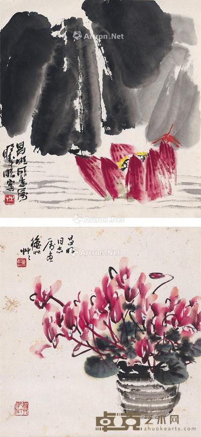  荷花蜻蜓图 盆花图 （二帧） 镜片 设色纸本 41.5×38cm；39×37.5cm