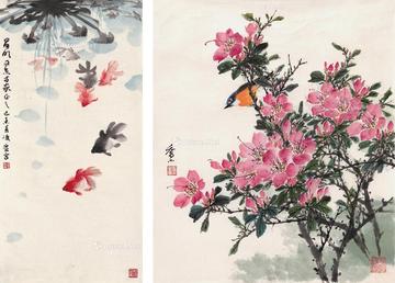  金鱼图 桃花图 镜片 设色纸本