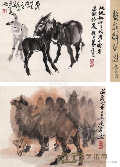  骆驼图 群驴图 （一轴双挖） 立轴 设色纸本 水墨纸本 43.5×34cm；43.5×33cm