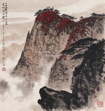  1977年作 云山红叶图 镜片 设色纸本